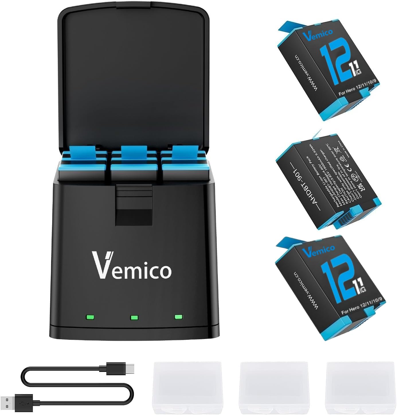 Vemico GoPro Hero 12バッテリーセット 3個1800mAh大容量 USB-C収納
